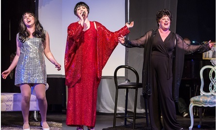 Photo by Kinderpics showing three Liza's singing But The World Goes Round; Hannah Lauren Wilson, Emily Sahler and Jillian Snow Harris