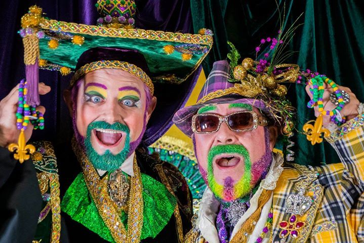 Professor Carl Nivale (Vatican Lokey) welcomes Grand Marshal Marty Graw (Edward R. Cox) to join the Carnival Festivities during The Professor Carl Nivale Show.  Photo by Roy Guste.