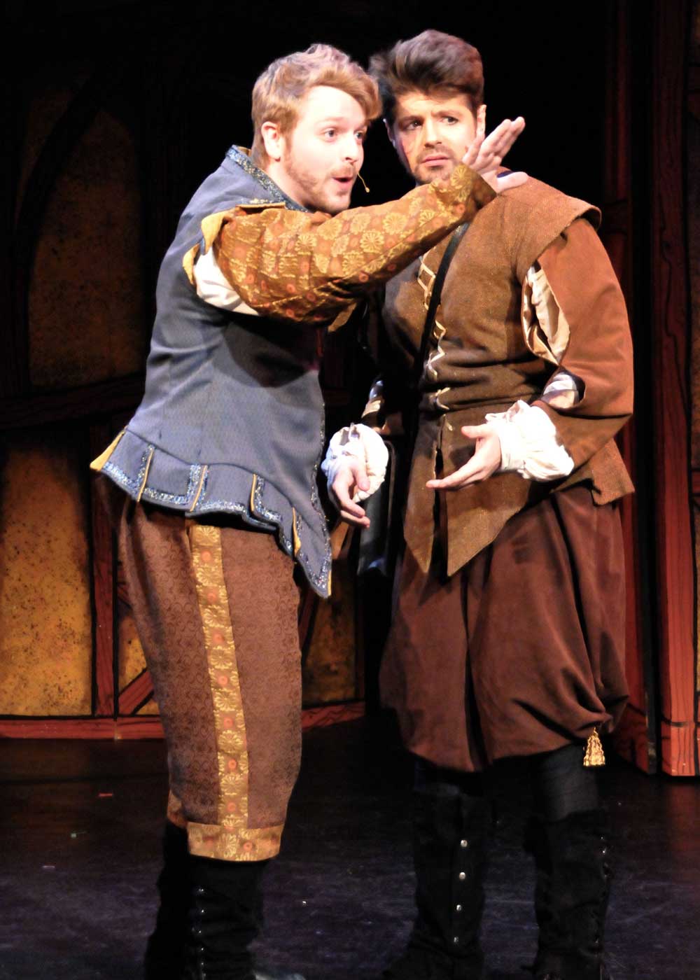 Brendan Long and Erik Montague as the Bottom brothers in Something Rotten! at Lakewood Theatre Company, Lake Oswego, Oregon. Photo by Triumph Photography