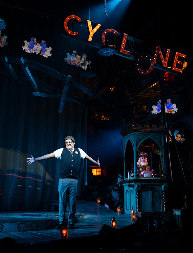 (l to r) Matthew Boyd Snyder (Ricky Potts) and Marc Geller (The Amazing Karnak) in Ride the Cyclone running January 13 through February 19 at Arena Stage at the Mead Center for American Theater. Photo by Margot Schulman.