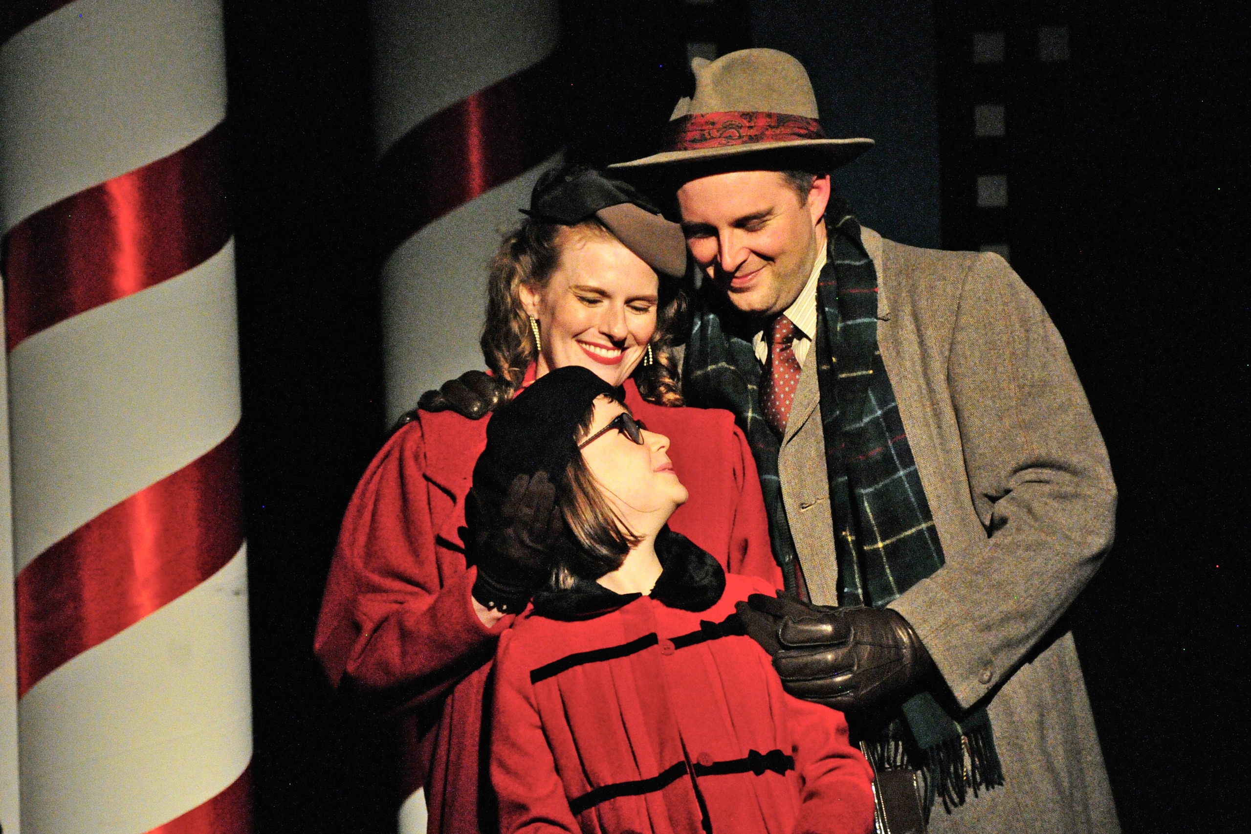 Miracle on 34th Street, the Play at Lakewood Theatre Company Nov. 7 - Dec. 14, 2025. Web: www.lakewood-center.org Pictured (left to right): Georgia Krugel, Ariel Puls, and Conor Eifler.