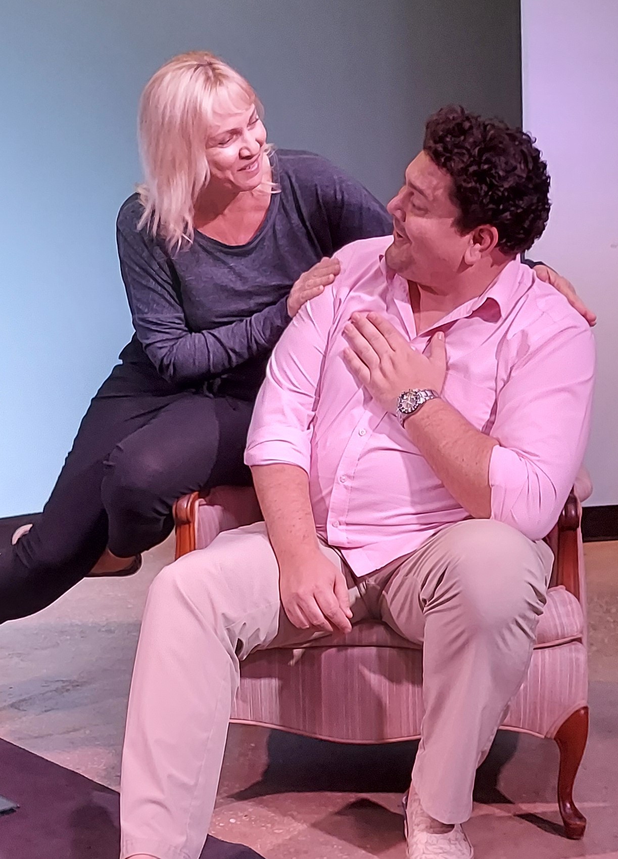 Tracey Reynolds and Andrew Hughes in rehearsal for Vino Veritas