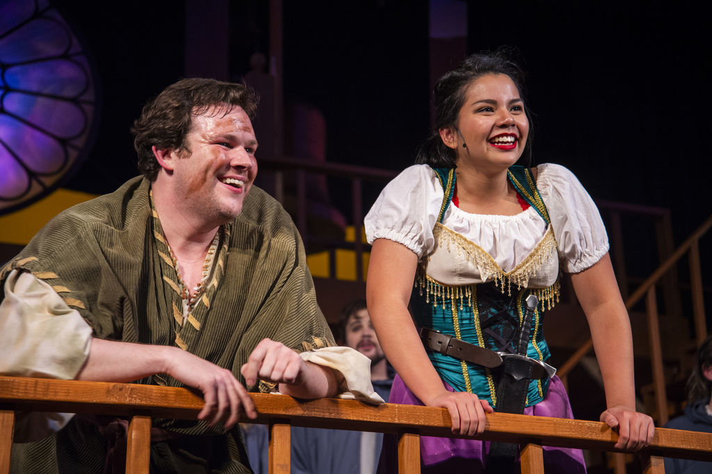 Jarrod Monk, left, plays Quasimodo and Mira Agustin plays Esmeralda in Music Theatre of Denton's production of 