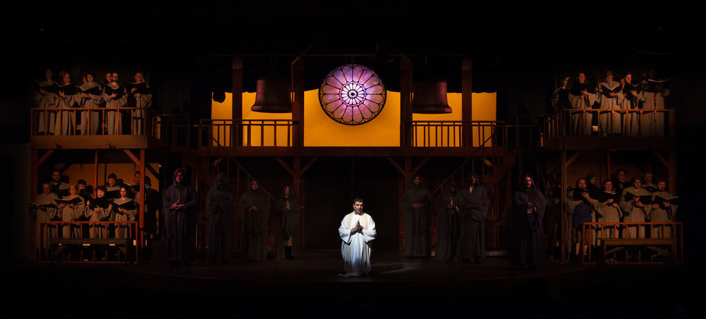 A surprisingly large cathedral set with a rose window from Notre Dame was created for Music Theatre of Denton's production of 