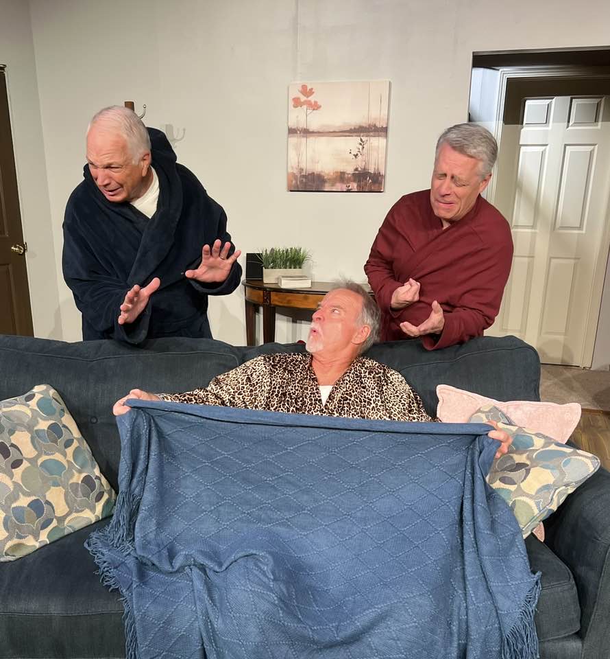 TJ (Rob May at center) shows off a little too much to his buddies (Chris Crane left and Kevin Wellfare at right) in BEER FOR BREAKFAST by Sean Grennan.