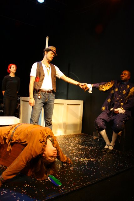 GIVING AN OLD SHAKESPEAREAN ACTOR A HAND!: Christopher Karbo as El Gallo, Stacy Lynn Baker as Mortima, Darryl Maximilian Robinson as Henry Albertson and Setareh Khatibi as The Mute in a scene from the 2010 Tribe Productions 50th anniversary revival production of Tom Jones' and Harvey Schmidt's 