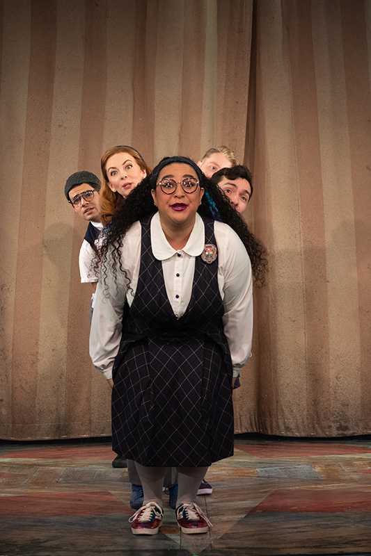 (l to r) Matthew Boyd Snyder (Ricky Potts), Shinah Hey (Ocean O’Connell Rosenberg), Gabrielle Dominique (Constance Blackwood), Eli Mayer (Mischa Bachinski), and Nick Martinez (Noel Gruber) in Ride the Cyclone running January 13 through February 19 at Arena Stage at the Mead Center for American Theater. Photo by Margot Schulman.