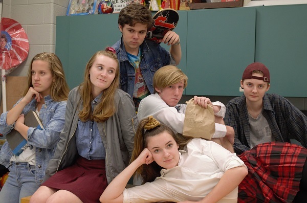 The cast of Surviving Lunch, a play about bullying and the healing power of friendship. From left to right: Will Gounaris (back), Sophie True, Rachel French, Brian Rusk and Quinn Brothers (middle), Abby Upshaw (front)
Photo Credit: Liz Bokman
