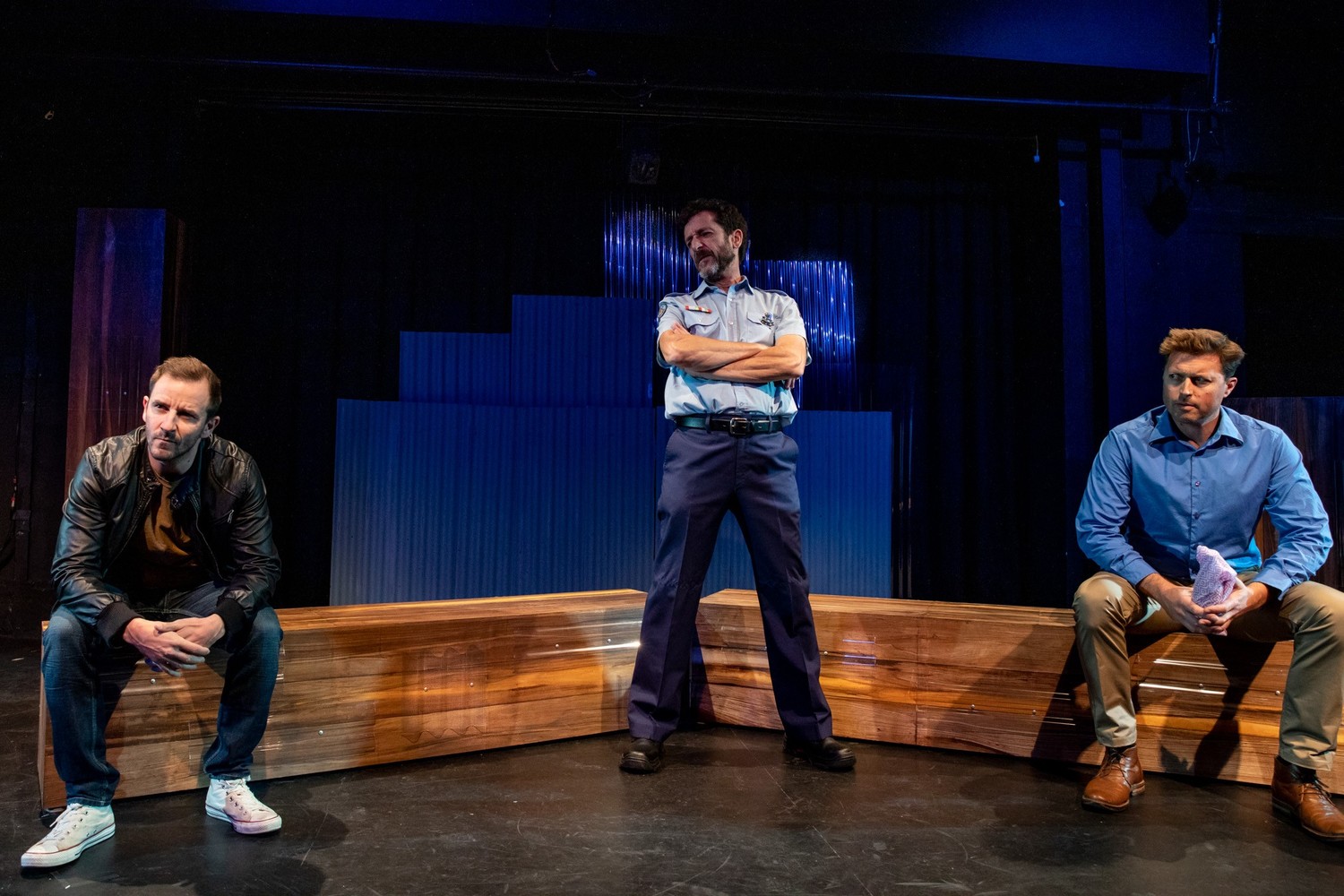 Tom Harwood, Stan Kouros and Jason Glover in Boy Out of the Country at the Bondi Pavilion Theatre. Image Credit: Noni Carroll