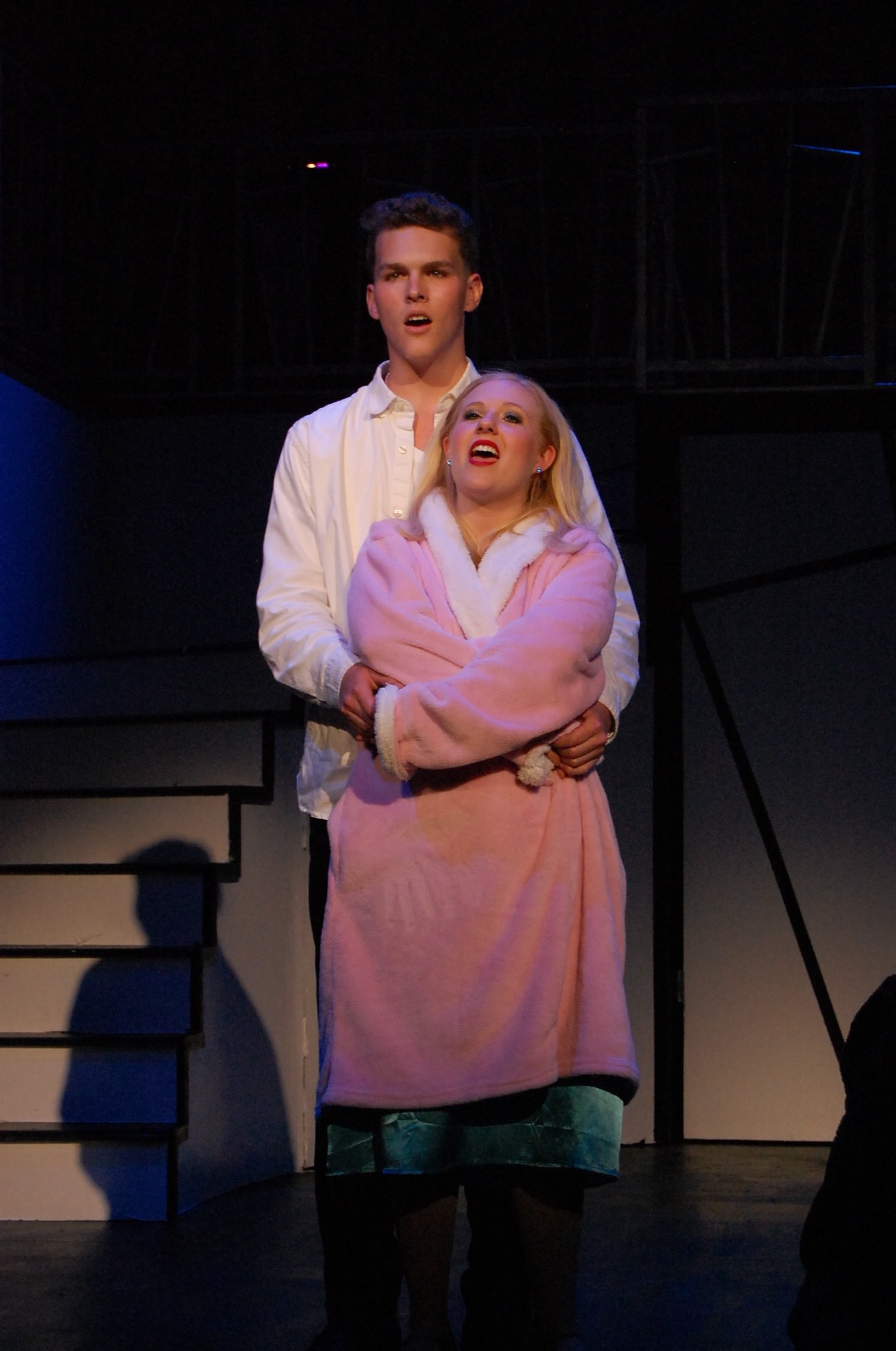 Riley Harper as Frank Abagnale, Jr and Shannon Nichols as Brenda Strong sing about the 