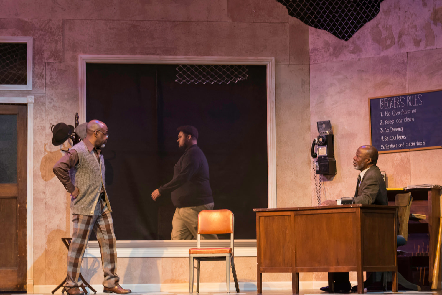 ShawnJ West (Turnbo), Jonathan Smothers (Doub) and L. Peter Callender (Becker) in African-American Shakespeare Company’s production of August Wilson’s ‘Jitney’, directed by L. Peter Callender; photo credit: Lance Huntley