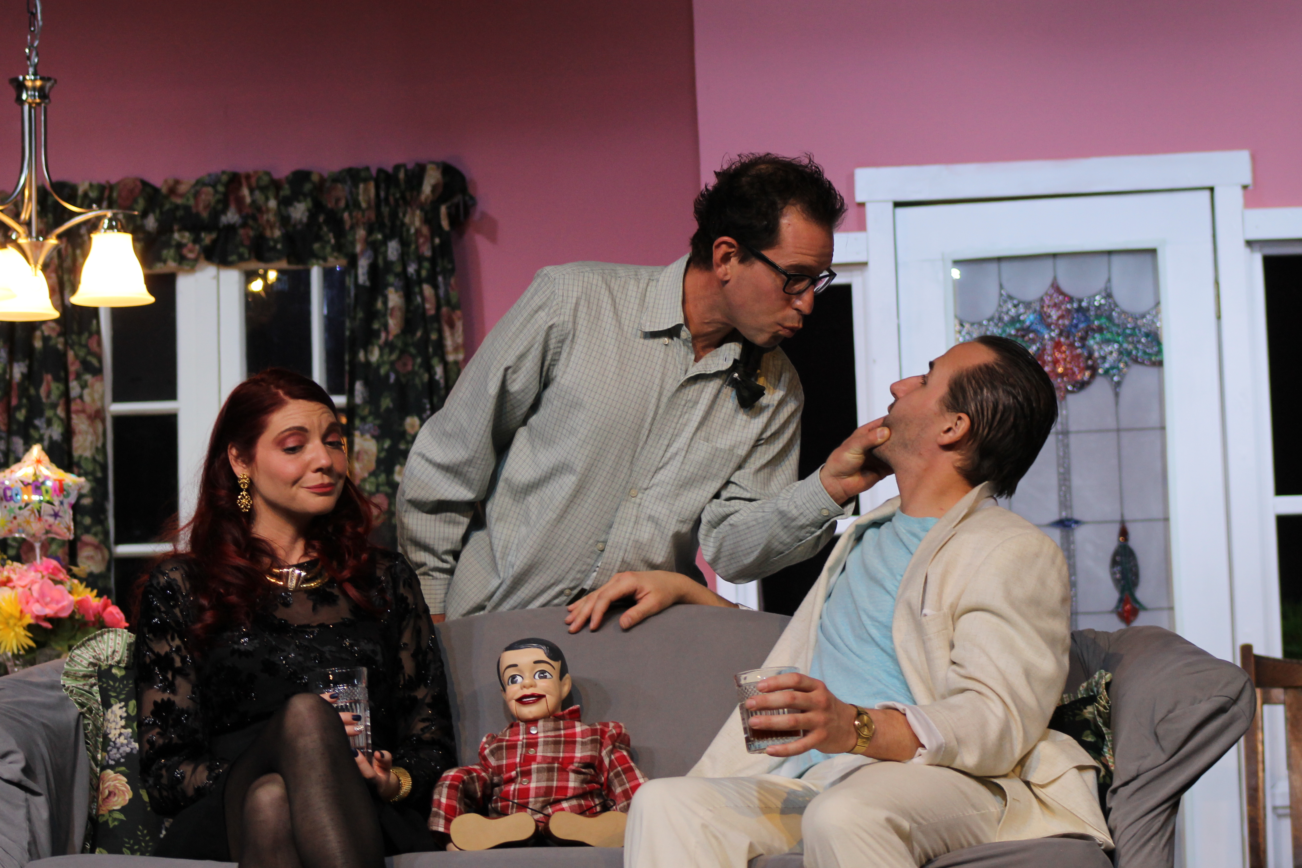 Horace (center on couch) gets into the middle of things with former lovers Jennifer (Brooke Bartell Goergen) and Wayne (Anthony Wizner) as Charlie (Marc Ruffino) makes a point.