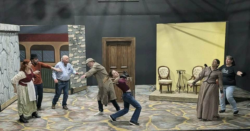 When a knife goes flying, the whole cast is spurred into action! Pictured L to R: Loryn Mac, Olen Cox, John Covaleskie, Tim Jolly, Lauren Sanders, Allyson Rose and Lavone Anderson.