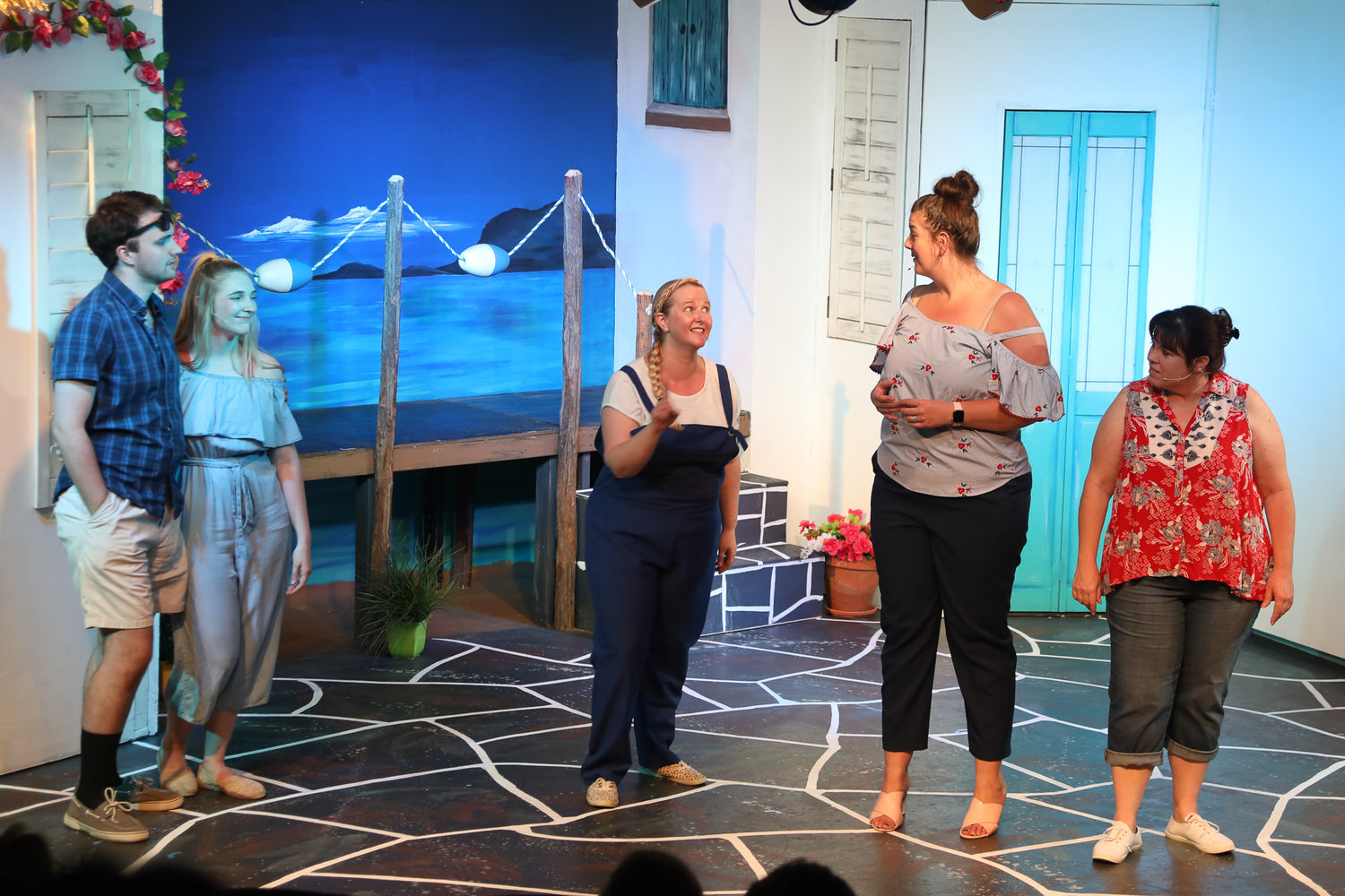 Donna (Katie Lambert) introduces Sophie (Quinlyn Ashlock) and Sky (Mychal Leverage) to Rosie (Susan Gibson) and Tanya (Hayley Hinckley).