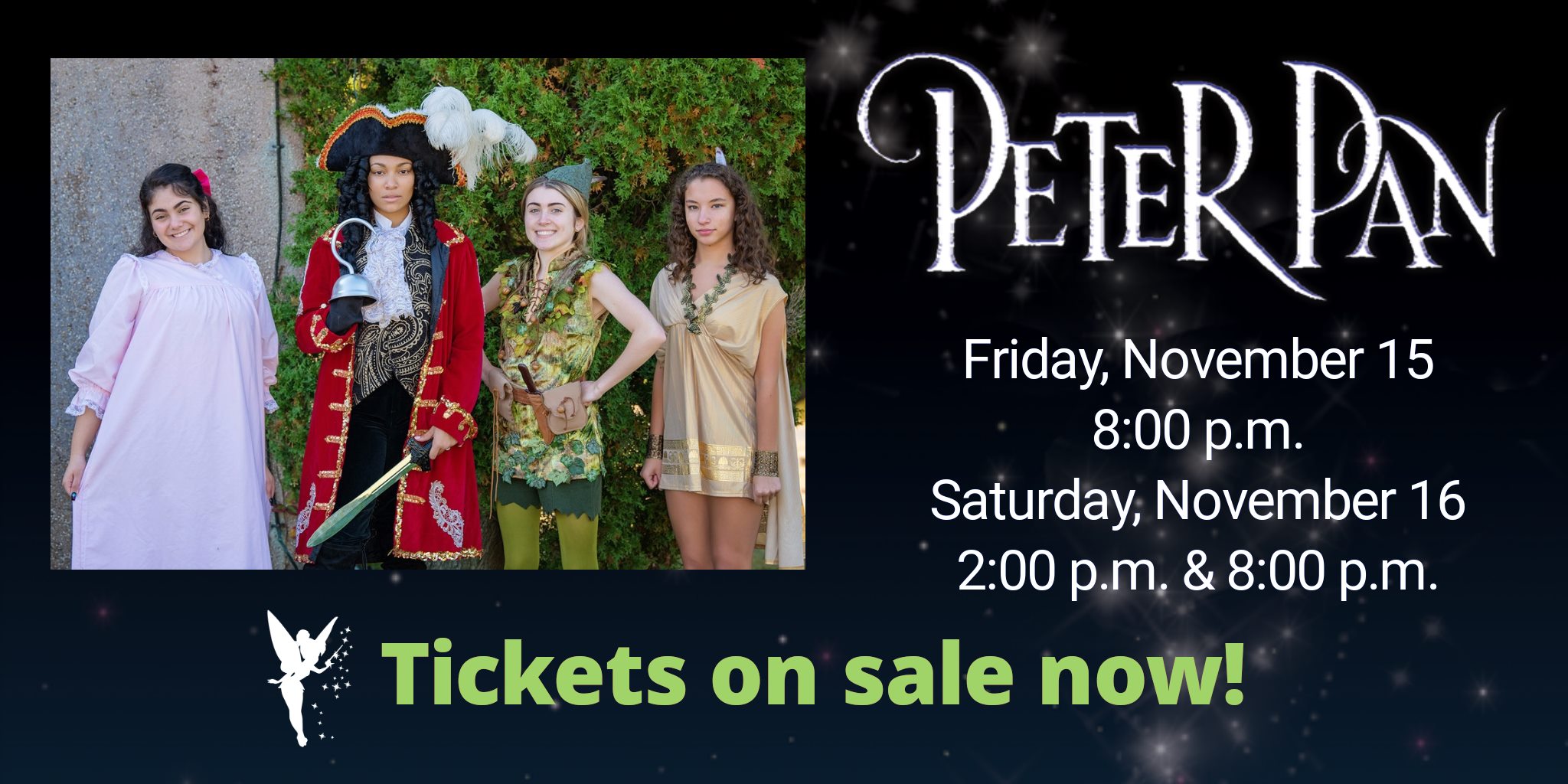 Wendy, Captain Hook, Peter Pan and Tiger Lily invite you to Neverland!