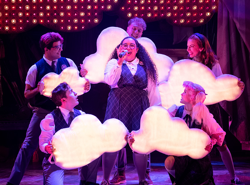 (l to r) Matthew Boyd Snyder (Ricky Potts), Nick Martinez (Noel Gruber), Gabrielle Dominique (Constance Blackwood), Eli Mayer (Mischa Bachinski), Ashlyn Maddox (Jane Doe), and Shinah Hey (Ocean O’Connell Rosenberg) in Ride the Cyclone running January 13 through February 19 at Arena Stage at the Mead Center for American Theater. Photo by Margot Schulman.