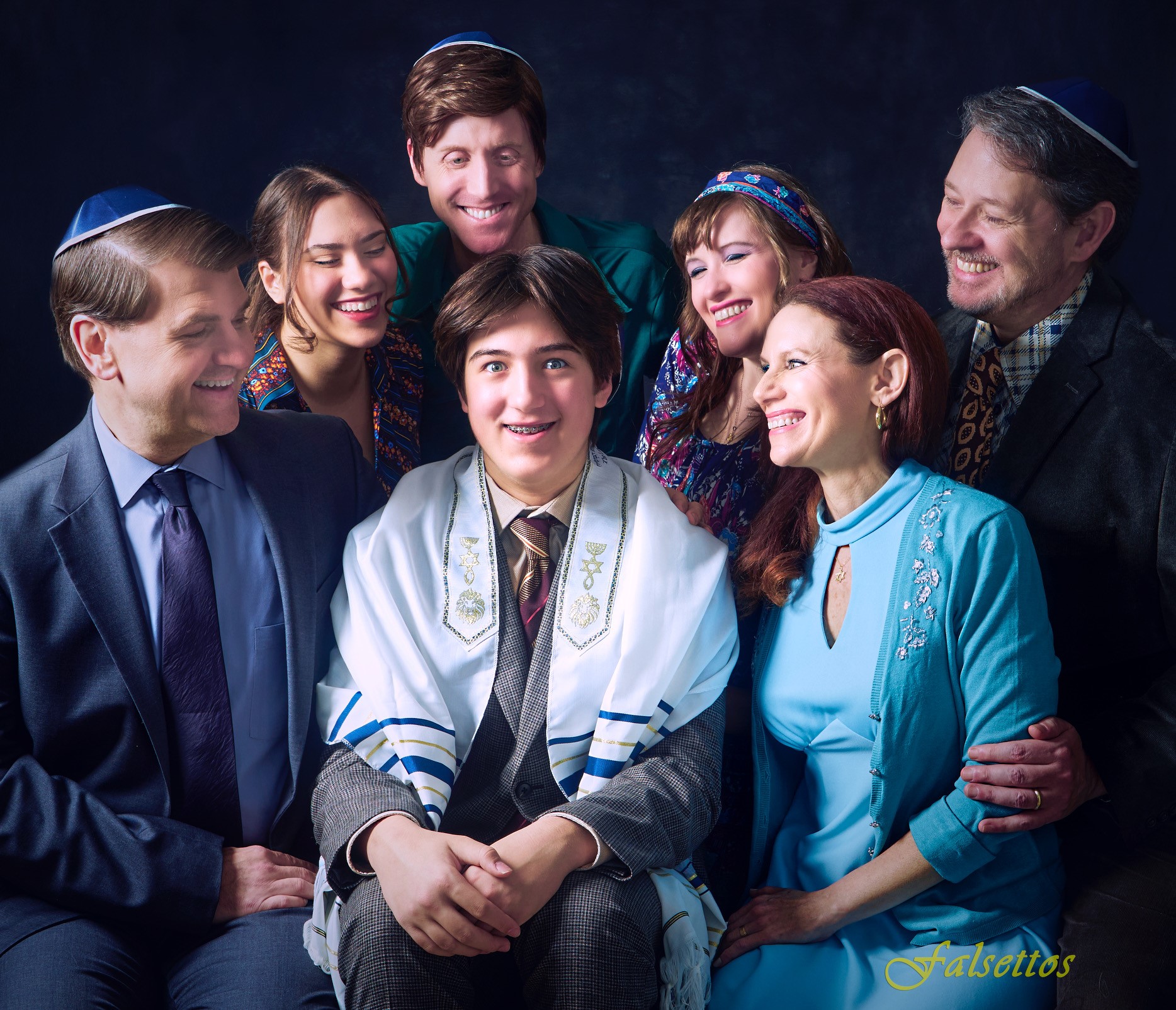 The Cast of Falsettos (Clockwise from left): Edward Van Saders, Grace Kelly Kretzman, Jon Huston, Alexa Kelly, Jeff Parsons, Lisa Spielman, and Jake Ellengold.
Photo Credit: Chris Hietikko Photography
