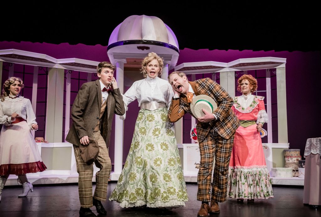 Hat shop scene - Georgia Harrington as Minnie Fay, James Howell as Barnaby Tucker, Toni Tennille as Dolly Levi, Wesley Traver as Cornelius Hackl, Stephanie Zeh as Irene Molloy