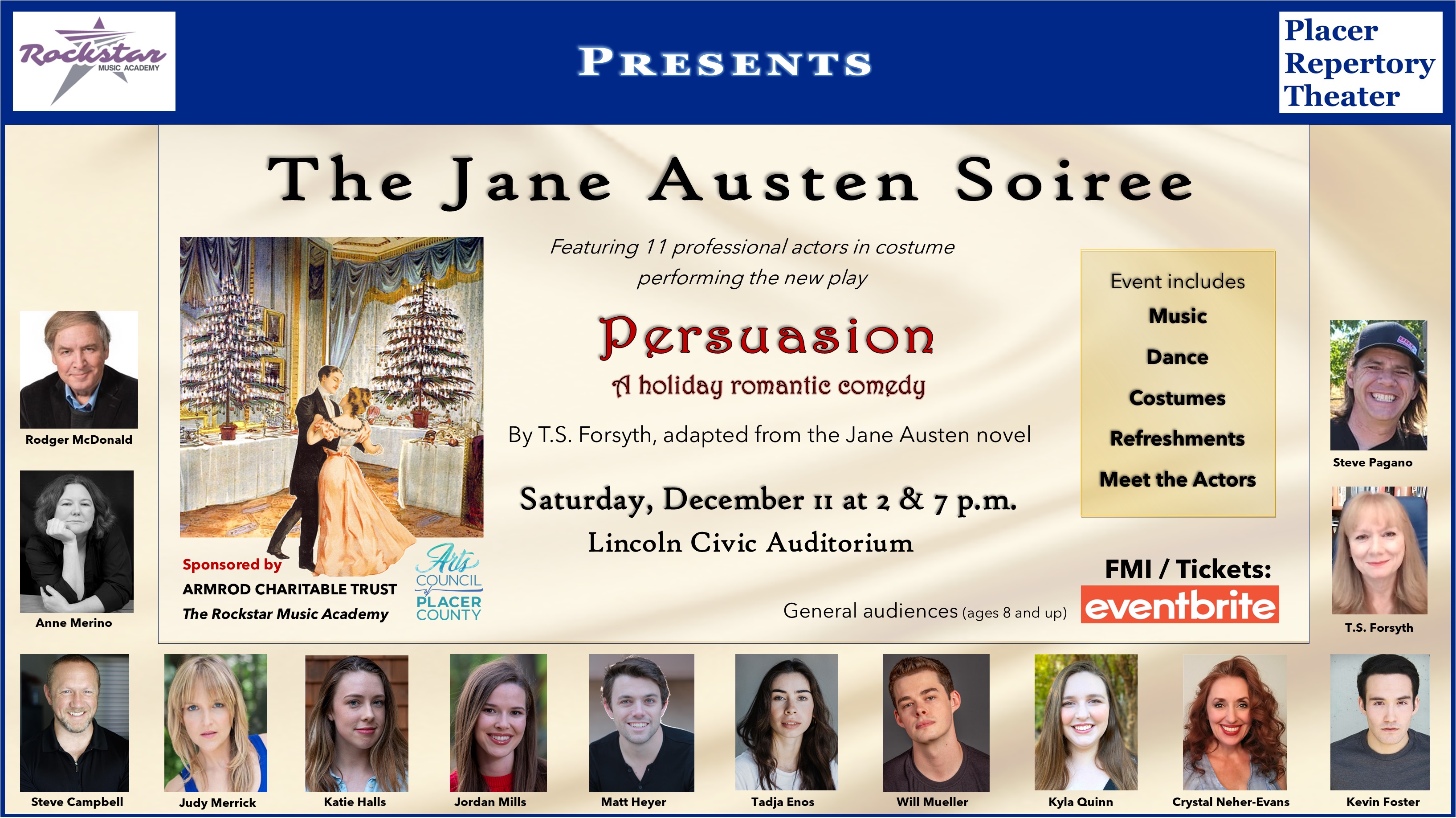 The Jane Austen Soiree, December 11 at 2 & 7 p.m. Only $20/person. FMI: Eventbrite: https://www.eventbrite.com/e/194079556177
Image shows headshots of all the actors involved.