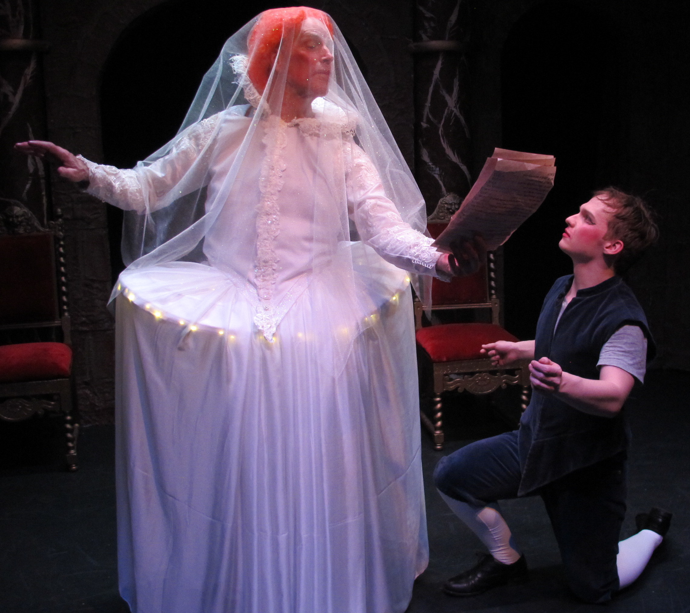 From Left: Steven Patterson as Queen Elizabeth I and Jack Rento as Julian Crosse in the world premiere of Eric Hissom's RUDE MECHANICS at Bridge Street Theatre in Catskill. Photo: John Sowle