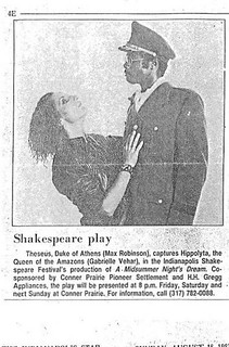 DUKE THESEUS AND QUEEN HIPPOLYTA GO ON A HUNT!: August 1985 Indianapolis Star News Photo of Darryl Maximilian Robinson as Duke Theseus and Gabrielle Vehar as Queen Hippolyta in the Indianapolis Shakespeare Festival state-wide touring production of William Shakespeare's 