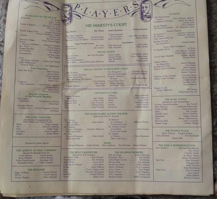 THE CAST OF HIS MAJESTY'S COURT!: at top center is the list of performers ( including Special Guest Darryl Maximilian Robinson as His Eminence, Tomas de Torquemada, The Grand Inquisitor of Spain ) that make up The Cast of Patty Mckenny's and Doug Frew's 