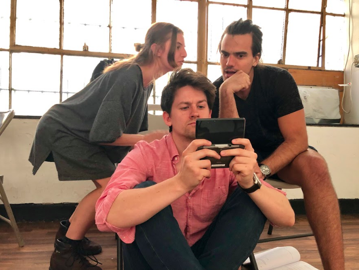 Pictured left to right: Gigi Hausman (Carrie), Ean Schultz (Noah), and Kaleb Batman (Cooper) rehearse a scene from The Only Coffee Shop in the City. 