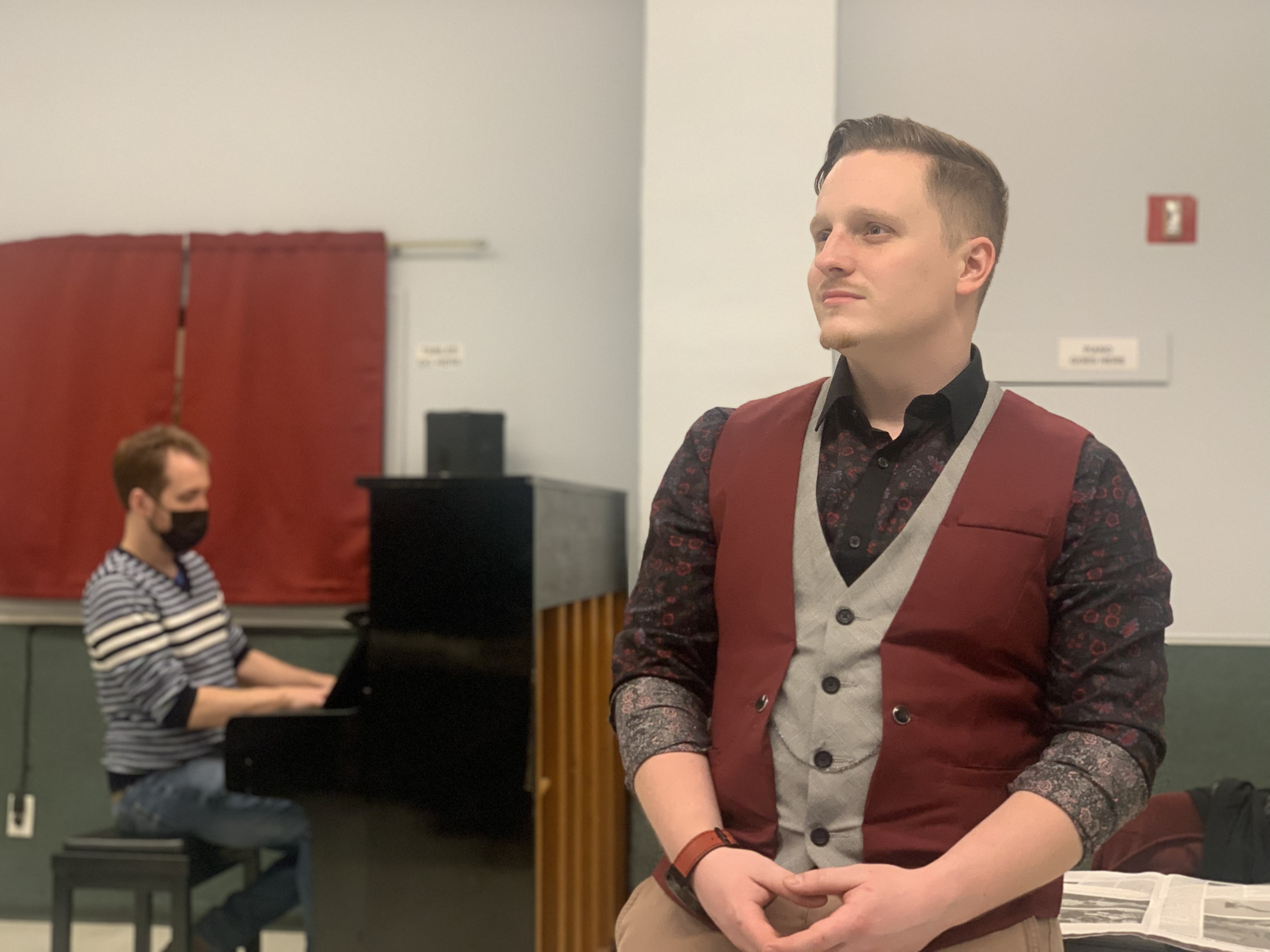 Joshua Shea Coates (Man) in rehearsals with music director T.C. Kincer.