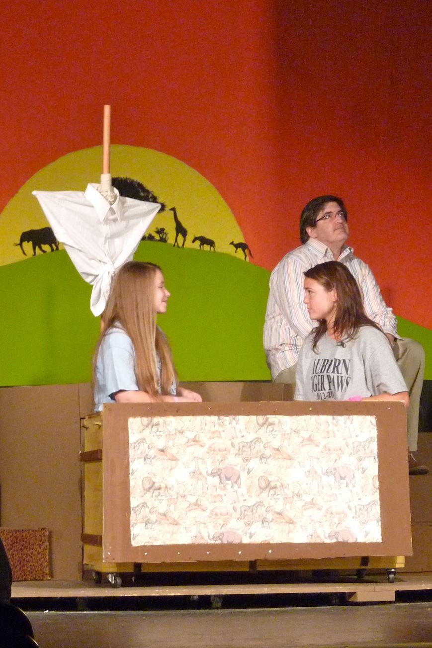 Members of the Just So cast rehearse a scene from the upcoming production at ACTA.
Front (L to R): Rachel Cartwright (Elephant's Child), Holland Brown (Kolokolo Bird)
Back: Kerry Burrell (Eldest Magician) 1