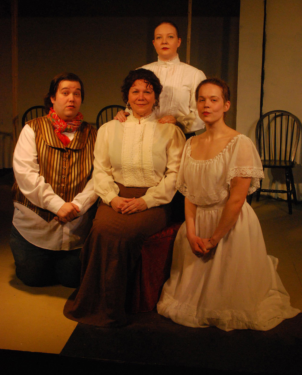 Justin Eberhard as Phillip, Joan Krause as Mrs Clandon, Aran Morris as Gloria, and Christina Yoho as Dolly in George Bernard Shaw's You Never Can Tell. 1