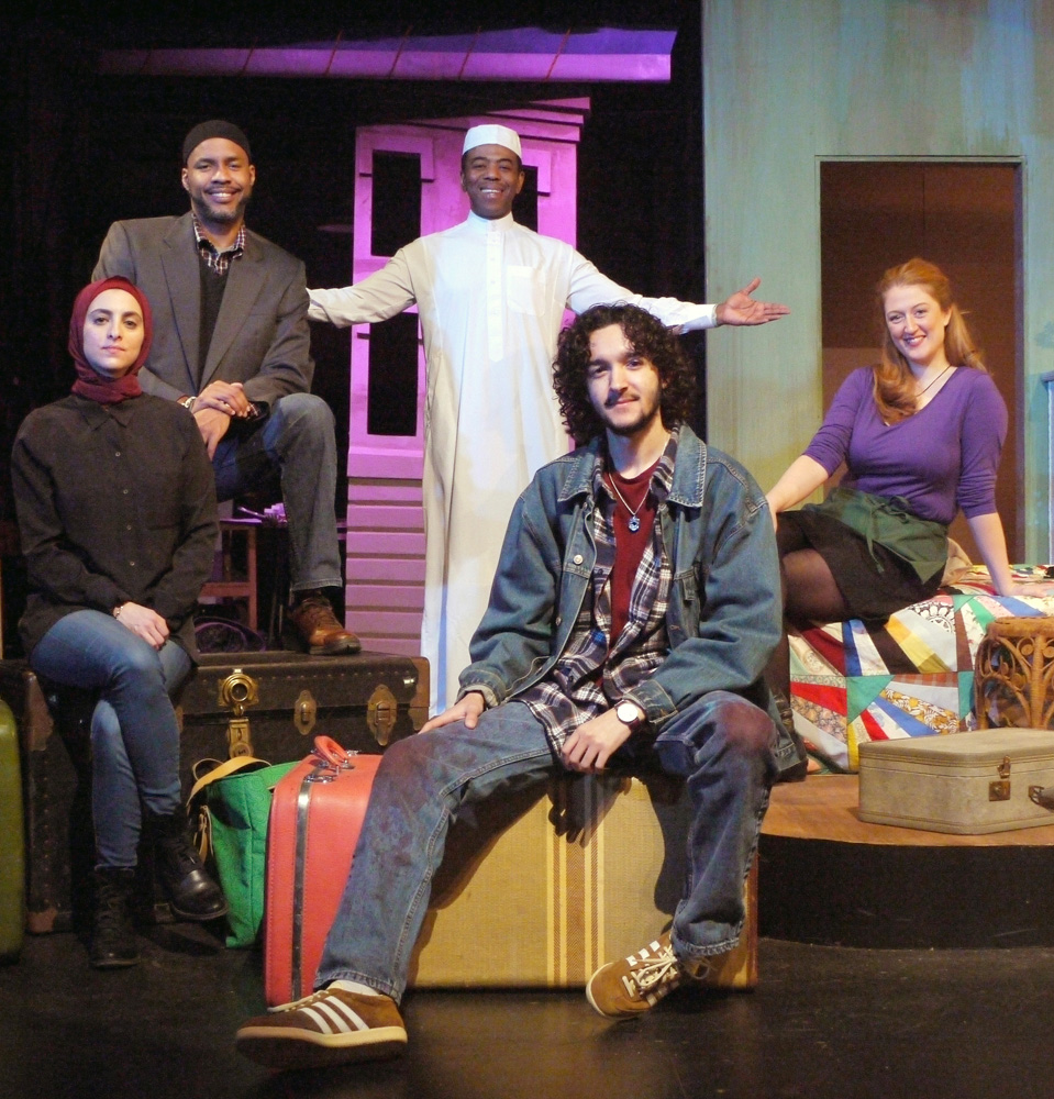 The Cast of ‘Pilgrims Musa & Sheri in the New World.‘ Back Row: Ithamar Francois, Ian Eaton, Laura King-Otazo. Front Row: Aline Salloum, Ahmad Maher.