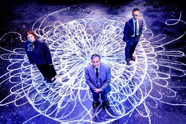 (From left): Margrethe Bohr (Ami Sallee), Niels Bohr (Ned Averill-Snell), and Werner Heisenberg (Christopher Marshall) in Michael Frayn's thought-provoking play, Copenhagen. (Photo by K.L. Gold, LLC.)
