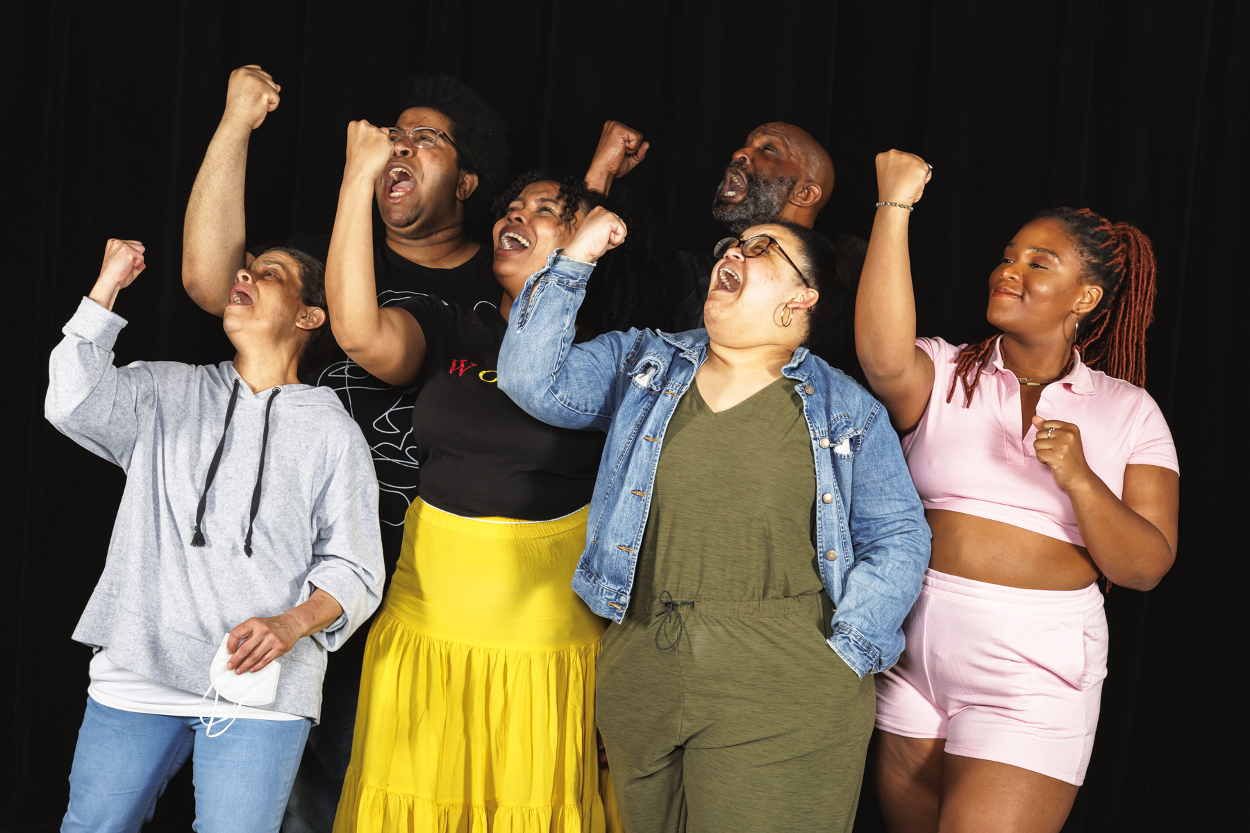 Director Pascale Florestal and the cast of The Colored Museum, running at The Umbrella Arts Center May 20 - June 5, 2022, photographed by Gillian Mariner Gordon. Show features Kai Clifton, Yasmeen Duncan, Florestal, BW Gonzalez*, Lorraine Victoria Kanyike and Damon Singletary*
