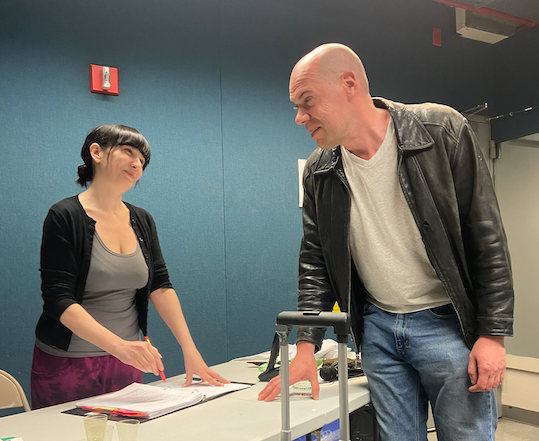 Reina De Beer (L) and Jonathan Dauermann (R) rehearse a scene from LAST ROOM at Theatre Row studios.