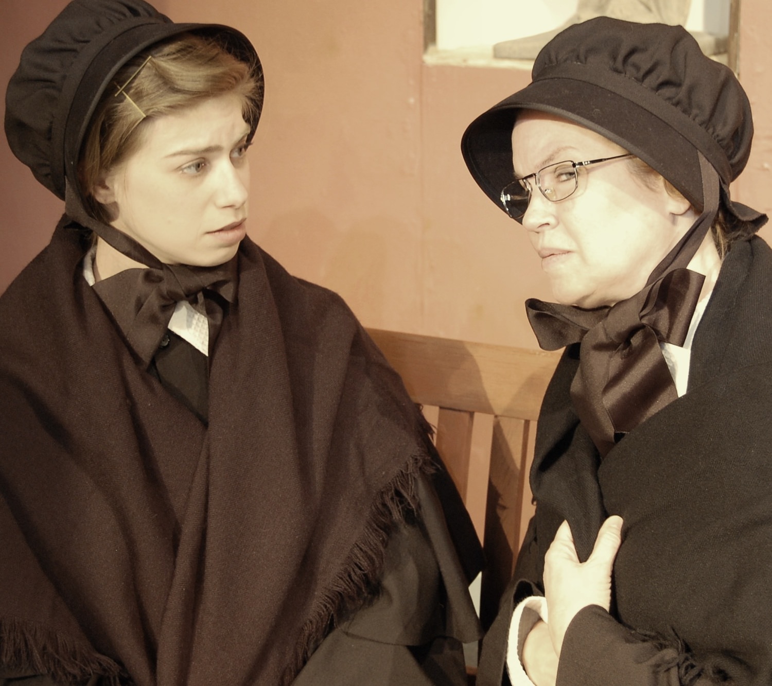 The stern Sister Aloysius (Joyce McGookey of Royal Oak pictured R) questions the young nun; Sister James (Erica Shubin of Ypsilanti) (L) in Doubt, a Parable.
1
