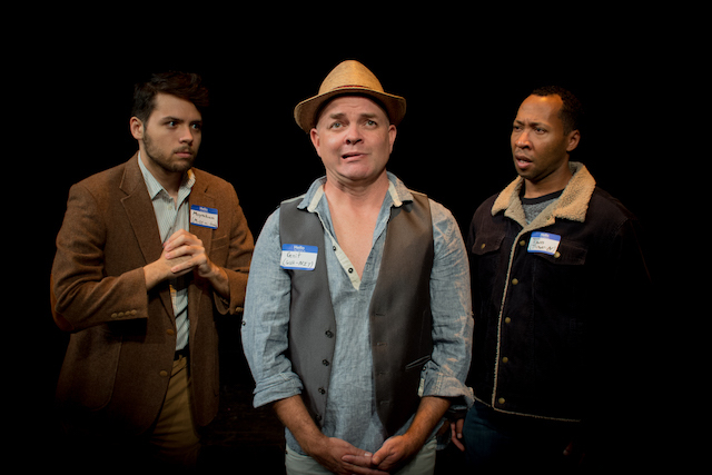 Moynihan (Nick Hoop), Gnit (Jon VanMiddlesworth), and Town (TR Butler) in a scene from TampaRep's production of Gnit. (Photo by Megan Lamasney.)