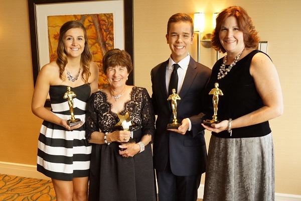 Carolyn B. Newman, 2015 NJACT Hall of Fame inductee, is flanked by this year's Outstanding Actor
nominees from ShowKids Invitational Theatre(SKIT). From left to right: Megan Lako, Jonah Lione and Pam Dean.