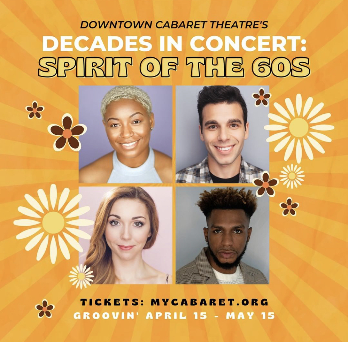 The cast of Decades in Concert: Spirit of the 60s:
Saige Bryan (Singer/Songwriter Saige Notelle, WC Knicks Singer @thesaigenoelle) Robert Peterpaul (CBS’ Bull, Newsies, The Art of Kindness Podcast @robpeterpaul), Mikayla Petrilla (SNL, Inventing Anna, The McKittrick Hotel/Sleep No More @mikaylapetrilla), and Everton Ricketts (SNL, Polar Express: Warner Bros @egricketts) 