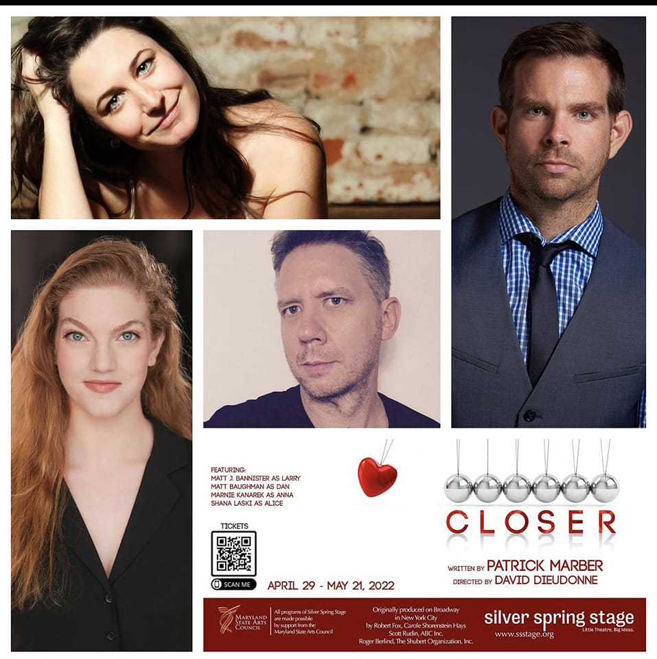 Cast of Closer at Silver Spring Stage: Shana Laski (Alice), Marnie Kanarek (Anna), Matt Baughman (Dan), Matt J Bannister (Larry)