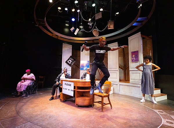 Tanesha M. Ford, Ebony Pullum, Kash Goins, Marchael Giles, and Angela Bey in Lantern Theater Company's production of FABULATION, OR THE RE-EDUCATION OF UNDINE by Lynn Nottage. Photo by Mark Garvin.