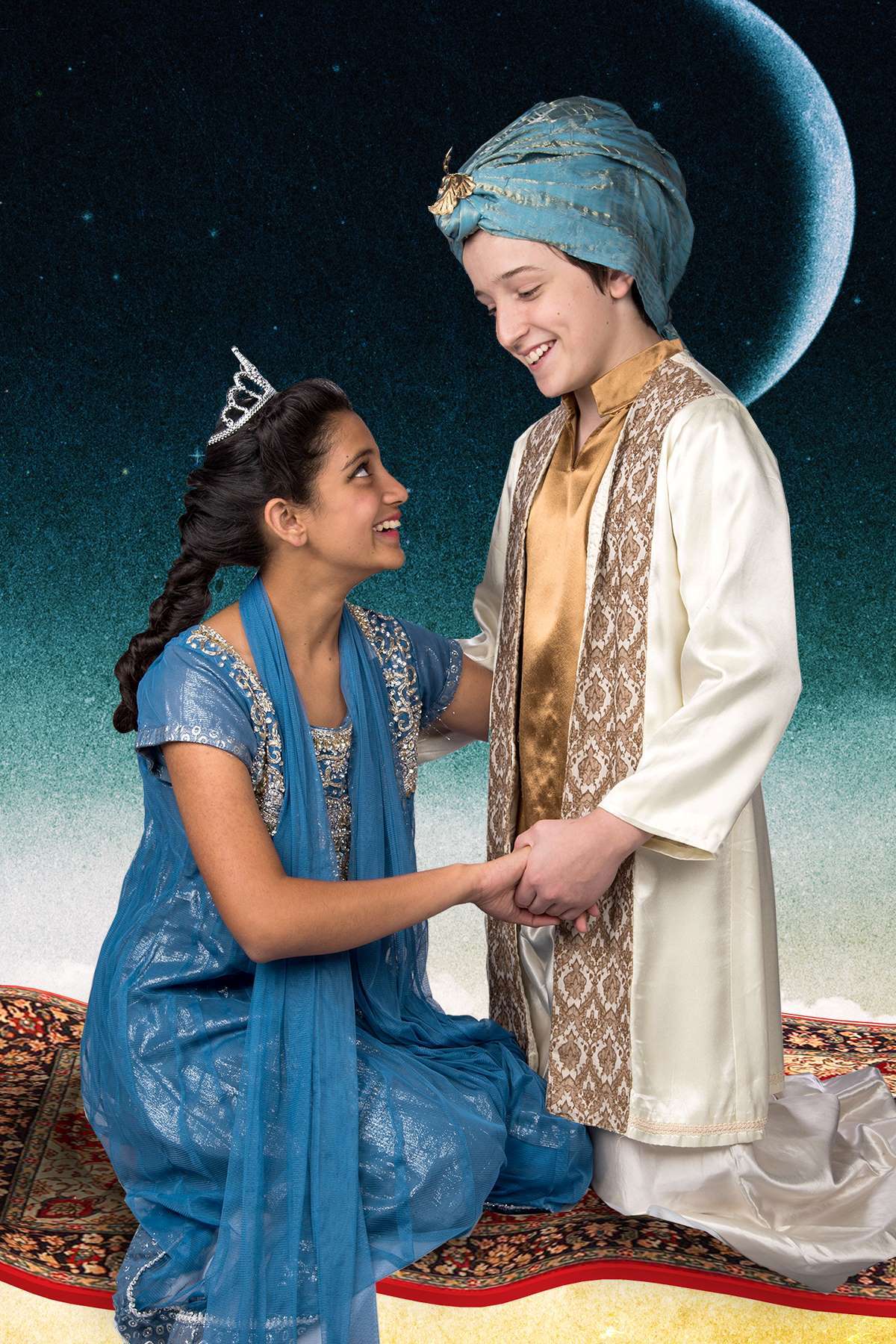 Aladdin (Val Zvinyatskovsky, East Palo Alto and San Jose) takes Princess Jasmine (Anika Raman, Mountain View) on a magic carpet ride in 