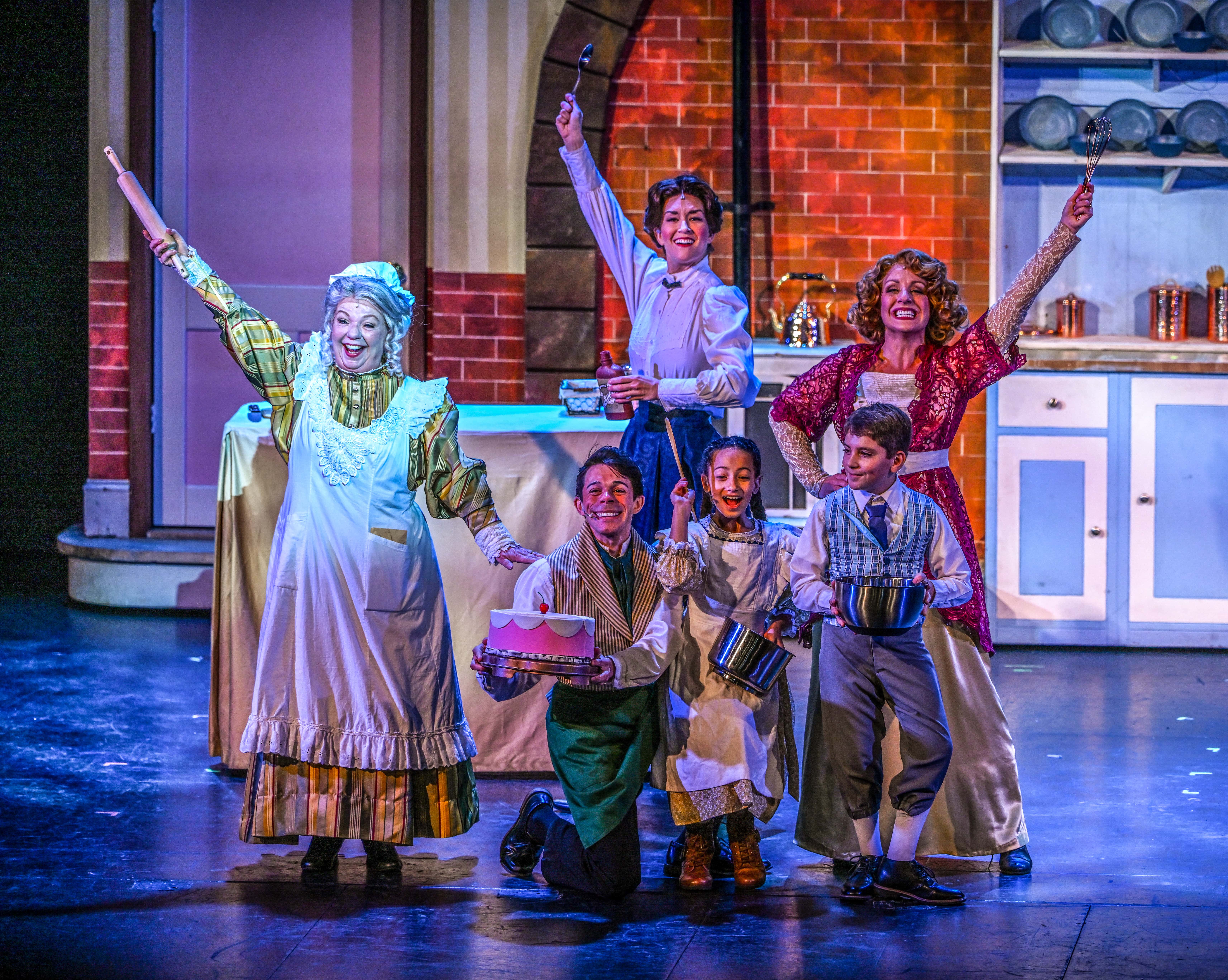 (Left to right) Ellie Pattison, Stephen Fala (front), Melissa Whitworth (behind), Victoria Vasquez (front), April Strelinger (behind), Nate Colton (front) in Slow Burn Theater Company?s MARY POPPINS
