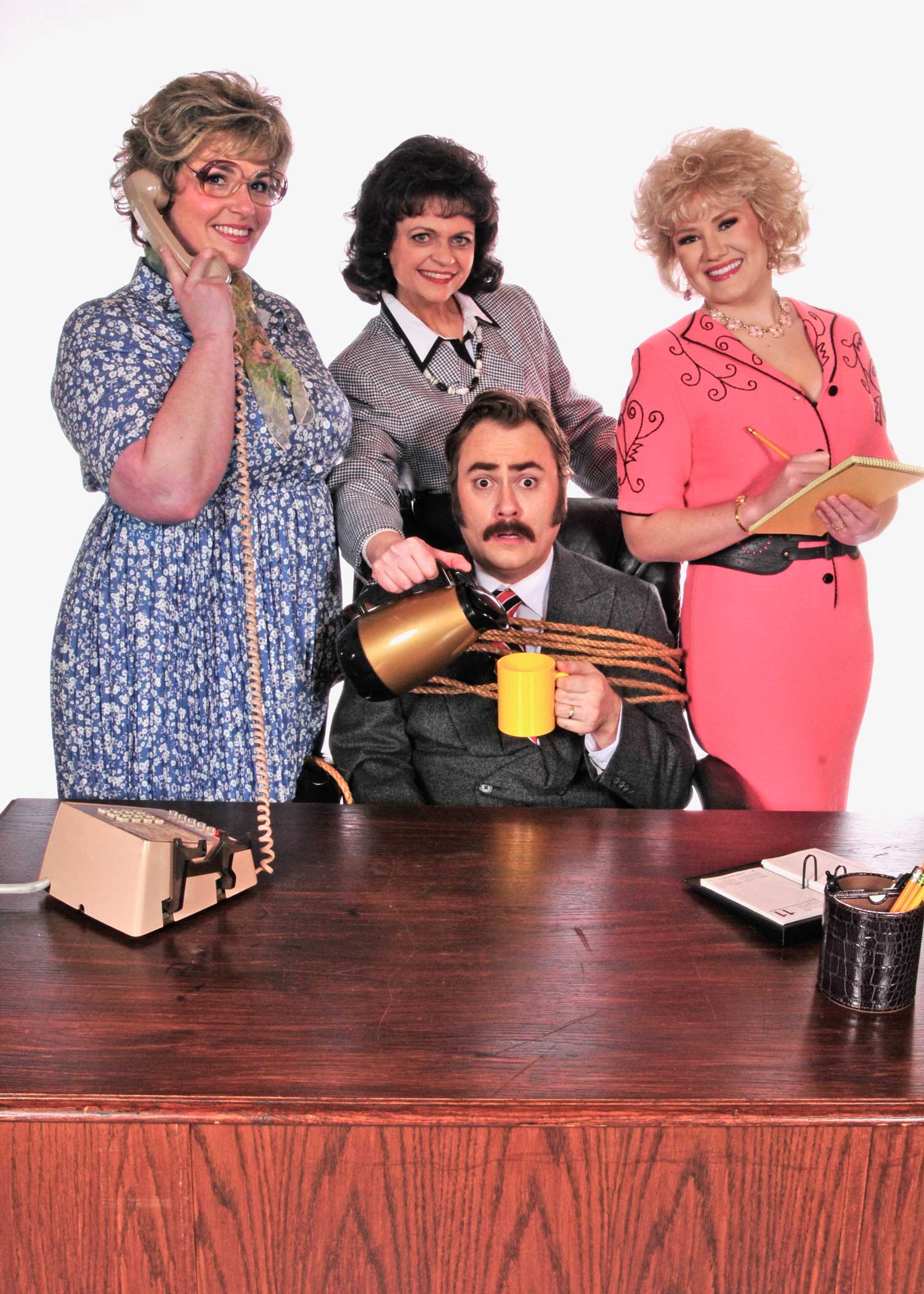 Blythe Woodland, Laura Hiszczynskyj, Sean Ryan Lamb, and Madison Curtis in 9 to 5: The Musical playing April 26 - June 9, 2024 at Lakewood Theatre Company, Lake Oswego, OR 97034 