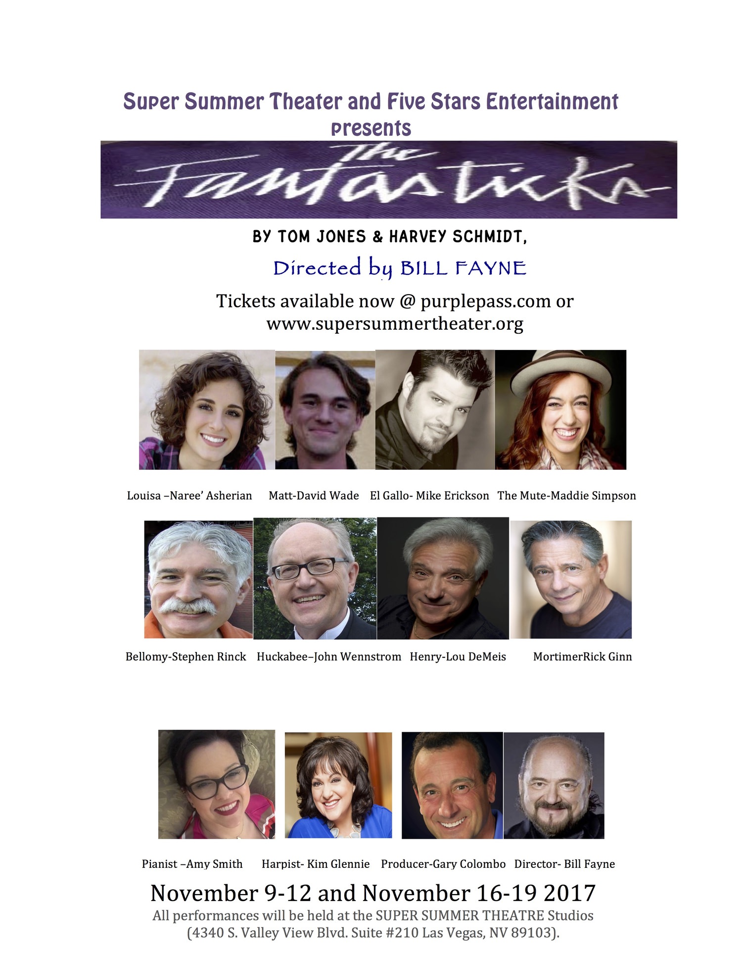 Cast and crew of "The Fantasticks" premiering at Super Summer Theatre Playhouse in November, 2017.