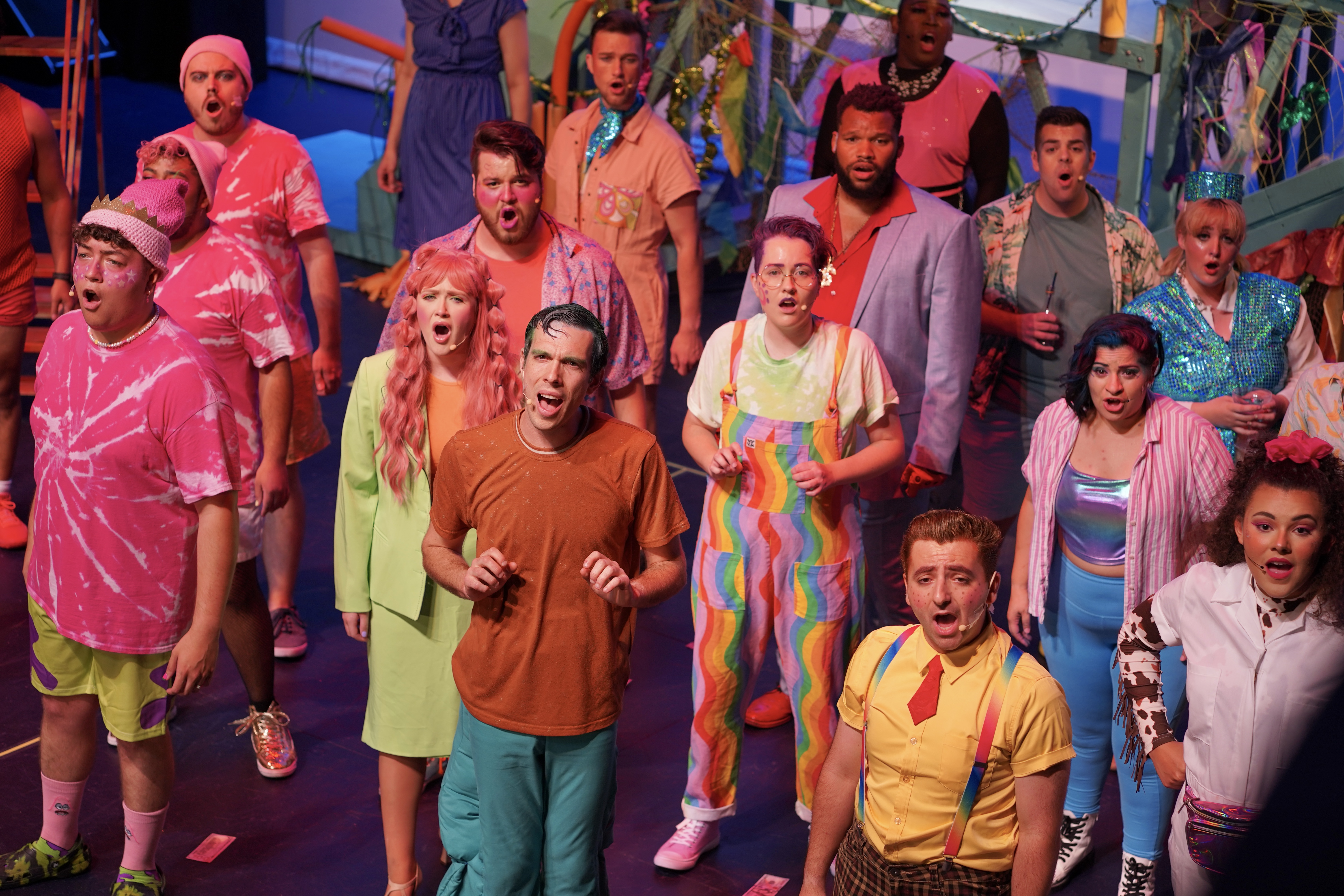 The company of THE SPONGEBOB MUSICAL (photo by Kevin Meza courtesy of Celebration Theatre Co.)