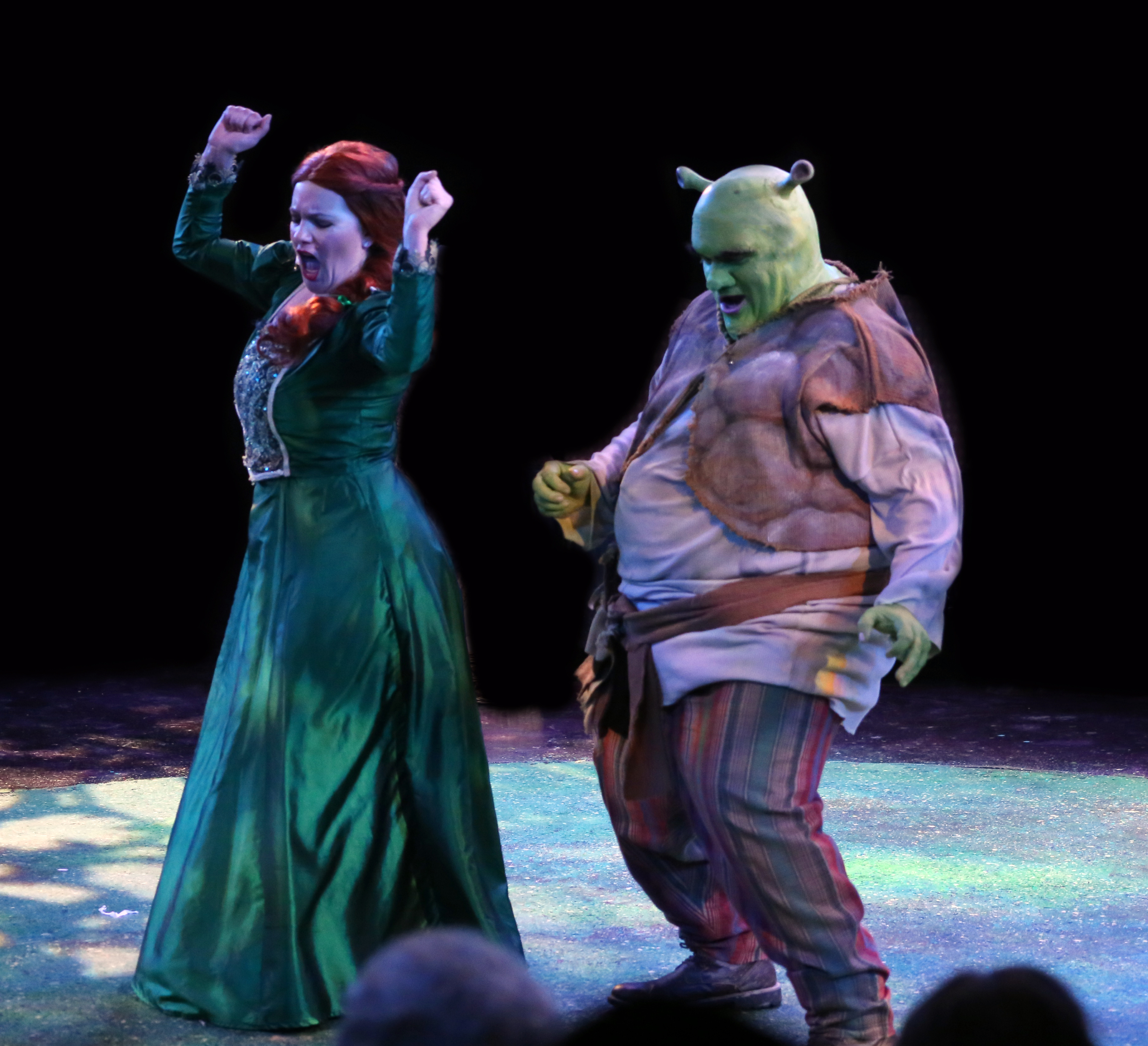 Shrek and Fiona dancing as they think they have each other beat.