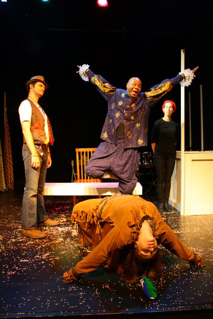A HAPPY SHAKESPEAREAN PLAYER!: Christopher Karbo as El Gallo, Stacy Lynn Baker as Mortima, Darryl Maximilian Robinson as Henry Albertson and Setareh Khatibi as The Mute in the 2010 Tribe Productions 50th anniversary revival production of Tom Jones' and Harvey Schmidt's 