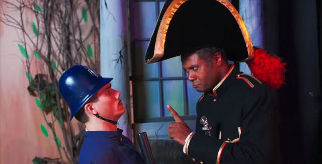 When Pirates Are In Your Midst, Call The Cops!: Fabio Di Nino as The Sergeant of Police and Darryl Maximilian Robinson as Major-General Stanley in the 2014 San Pedro Theatre Club 135th Anniversary Revival production of Gilbert and Sullivan's 'The Pirates of Penzance'. Photo by Koop.