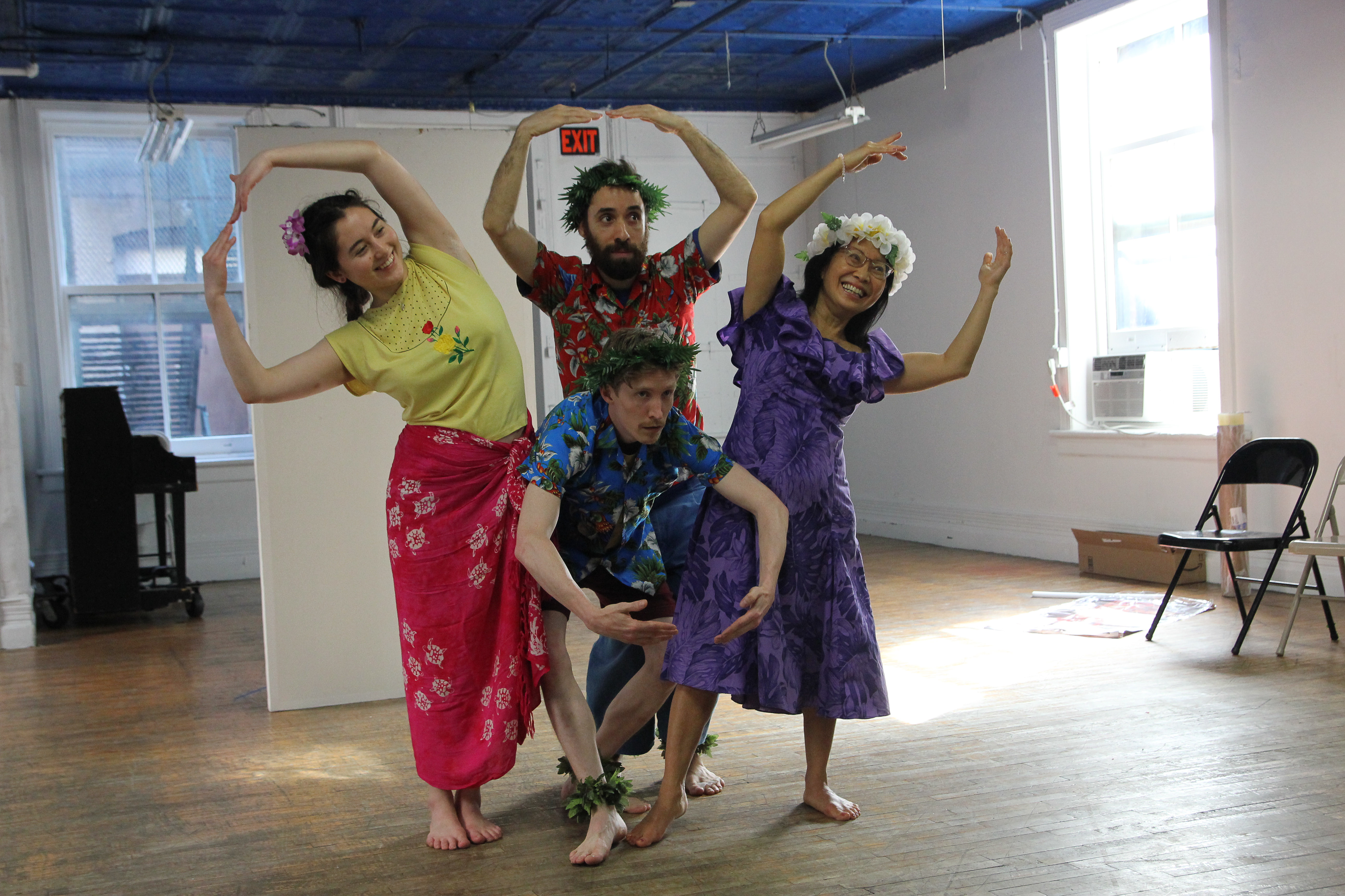 Haha Hawaii Rehearsal, May, 2018 at La MaMa ETC. From L - R, Anna Walden, Michael Burgos, Suzen Murakoshi and Jarrod Bates on the floor. Photo Credit: Lia Chang