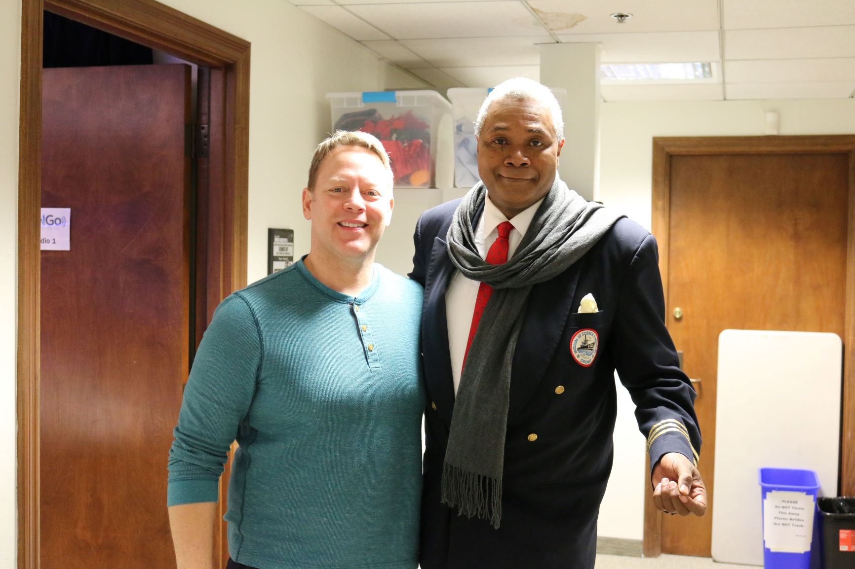 Darryl Maximilian Robinson is warmly welcomed to UBNGO Burbank Studio in Hollywood by the studio's excellent engineer Tony. Photo by JL Watt.